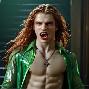 The Vampire Lestat de Lioncourt, created by Anne Rice, is a fascinating and complex character in The Vampire Chronicles novels. He's known for his captivating blend of vampiric existence and a lingering humanity. From Interview with a Vampire, The Vampire Lestat, and Queen of the Damned novels. I've created a series of images that I feel represent the man behind the vampire. In the midst of the darkness, a scary figure emerges with an aura of power and magnetism. Around his neck, a bold silver necklace glimmers, adding a touch of regal elegance to his dark ensemble. His lips, a vivid shade of red, open slightly to reveal his true nature, as he reveals his fangs, and a predatory grin from his stunningly handsome face, hinting at his primal nature. Strands of hair cascade around his face, capturing the silvery glow of the bright moonlight, and adding a touch of mystery to his intense visage, as they blow back in the wind.