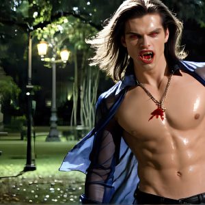 The Vampire Lestat de Lioncourt, created by Anne Rice, is a fascinating and complex character in The Vampire Chronicles novels. He's known for his captivating blend of vampiric existence and a lingering humanity. From Interview with a Vampire, The Vampire Lestat, and Queen of the Damned novels. I've created a series of images that I feel represent the man behind the vampire. In the midst of the darkness, a scary figure emerges with an aura of power and magnetism. Around his neck, a bold silver necklace glimmers, adding a touch of regal elegance to his dark ensemble. His lips, a vivid shade of red, open slightly to reveal his true nature, as he reveals his fangs, and a predatory grin from his stunningly handsome face, hinting at his primal nature. Strands of hair cascade around his face, capturing the silvery glow of the bright moonlight, and adding a touch of mystery to his intense visage, as they blow back in the wind.