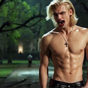 The Vampire Lestat de Lioncourt, created by Anne Rice, is a fascinating and complex character in The Vampire Chronicles novels. He's known for his captivating blend of vampiric existence and a lingering humanity. From Interview with a Vampire, The Vampire Lestat, and Queen of the Damned novels. I've created a series of images that I feel represent the man behind the vampire. In the midst of the darkness, a scary figure emerges with an aura of power and magnetism. Around his neck, a bold silver necklace glimmers, adding a touch of regal elegance to his dark ensemble. His lips, a vivid shade of red, open slightly to reveal his true nature, as he reveals his fangs, and a predatory grin from his stunningly handsome face, hinting at his primal nature. Strands of hair cascade around his face, capturing the silvery glow of the bright moonlight, and adding a touch of mystery to his intense visage, as they blow back in the wind.