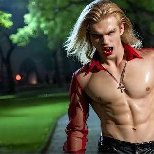 The Vampire Lestat de Lioncourt, created by Anne Rice, is a fascinating and complex character in The Vampire Chronicles novels. He's known for his captivating blend of vampiric existence and a lingering humanity. From Interview with a Vampire, The Vampire Lestat, and Queen of the Damned novels. I've created a series of images that I feel represent the man behind the vampire. In the midst of the darkness, a scary figure emerges with an aura of power and magnetism. Around his neck, a bold silver necklace glimmers, adding a touch of regal elegance to his dark ensemble. His lips, a vivid shade of red, open slightly to reveal his true nature, as he reveals his fangs, and a predatory grin from his stunningly handsome face, hinting at his primal nature. Strands of hair cascade around his face, capturing the silvery glow of the bright moonlight, and adding a touch of mystery to his intense visage, as they blow back in the wind.