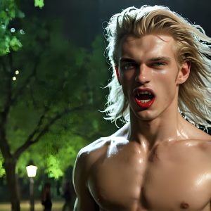 The Vampire Lestat de Lioncourt, created by Anne Rice, is a fascinating and complex character in The Vampire Chronicles novels. He's known for his captivating blend of vampiric existence and a lingering humanity. From Interview with a Vampire, The Vampire Lestat, and Queen of the Damned novels. I've created a series of images that I feel represent the man behind the vampire. In the midst of the darkness, a scary figure emerges with an aura of power and magnetism. Around his neck, a bold silver necklace glimmers, adding a touch of regal elegance to his dark ensemble. His lips, a vivid shade of red, open slightly to reveal his true nature, as he reveals his fangs, and a predatory grin from his stunningly handsome face, hinting at his primal nature. Strands of hair cascade around his face, capturing the silvery glow of the bright moonlight, and adding a touch of mystery to his intense visage, as they blow back in the wind.