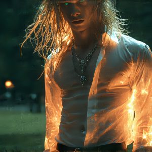 The Vampire Lestat de Lioncourt, created by Anne Rice, is a fascinating and complex character in The Vampire Chronicles novels. He's known for his captivating blend of vampiric existence and a lingering humanity. From Interview with a Vampire, The Vampire Lestat, and Queen of the Damned novels. I've created a series of images that I feel represent the man behind the vampire. In the midst of the darkness, a scary figure emerges with an aura of power and magnetism. Around his neck, a bold silver necklace glimmers, adding a touch of regal elegance to his dark ensemble. His lips, a vivid shade of red, open slightly to reveal his true nature, as he reveals his fangs, and a predatory grin from his stunningly handsome face, hinting at his primal nature. Strands of hair cascade around his face, capturing the silvery glow of the bright moonlight, and adding a touch of mystery to his intense visage, as they blow back in the wind.