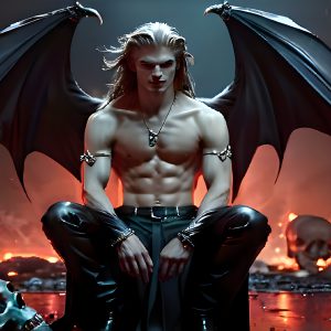 The Vampire Lestat de Lioncourt, created by Anne Rice, is a fascinating and complex character in The Vampire Chronicles novels. He's known for his captivating blend of vampiric existence and a lingering humanity. From Interview with a Vampire, The Vampire Lestat, and Queen of the Damned novels. I've created a series of images that I feel represent the man behind the vampire. In the midst of the darkness, a scary figure emerges with an aura of power and magnetism. Around his neck, a bold silver necklace glimmers, adding a touch of regal elegance to his dark ensemble. His lips, a vivid shade of red, open slightly to reveal his true nature, as he reveals his fangs, and a predatory grin from his stunningly handsome face, hinting at his primal nature. Strands of hair cascade around his face, capturing the silvery glow of the bright moonlight, and adding a touch of mystery to his intense visage, as they blow back in the wind.