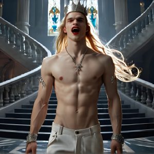 The Vampire Lestat de Lioncourt, created by Anne Rice, is a fascinating and complex character in The Vampire Chronicles novels. He's known for his captivating blend of vampiric existence and a lingering humanity. From Interview with a Vampire, The Vampire Lestat, and Queen of the Damned novels. I've created a series of images that I feel represent the man behind the vampire. In the midst of the darkness, a scary figure emerges with an aura of power and magnetism. Around his neck, a bold silver necklace glimmers, adding a touch of regal elegance to his dark ensemble. His lips, a vivid shade of red, open slightly to reveal his true nature, as he reveals his fangs, and a predatory grin from his stunningly handsome face, hinting at his primal nature. Strands of hair cascade around his face, capturing the silvery glow of the bright moonlight, and adding a touch of mystery to his intense visage, as they blow back in the wind.