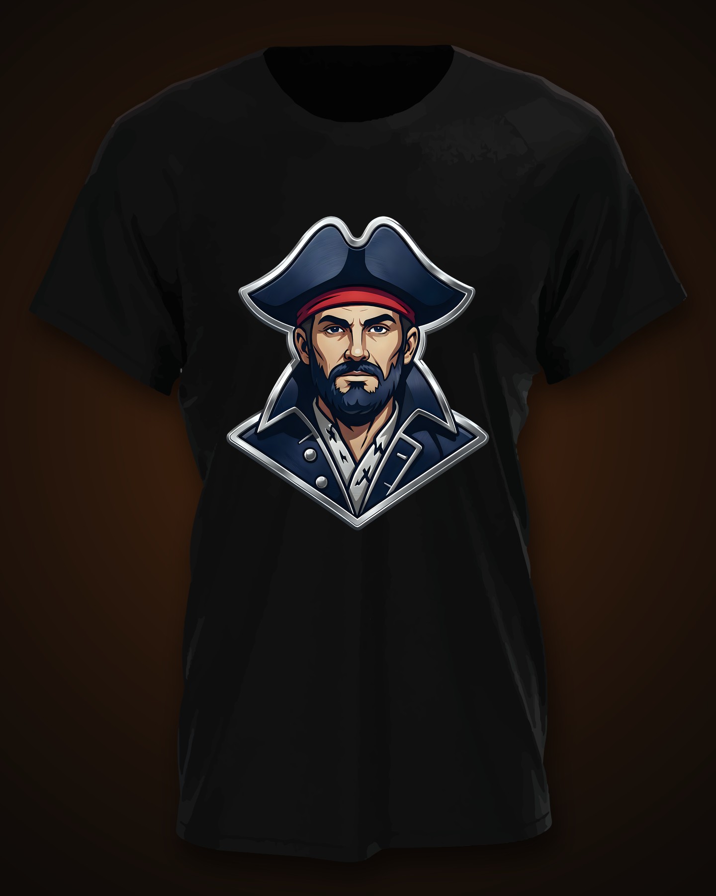 A black T-shirt printed with a metal pirate captain emblem in a navy tricorn hat