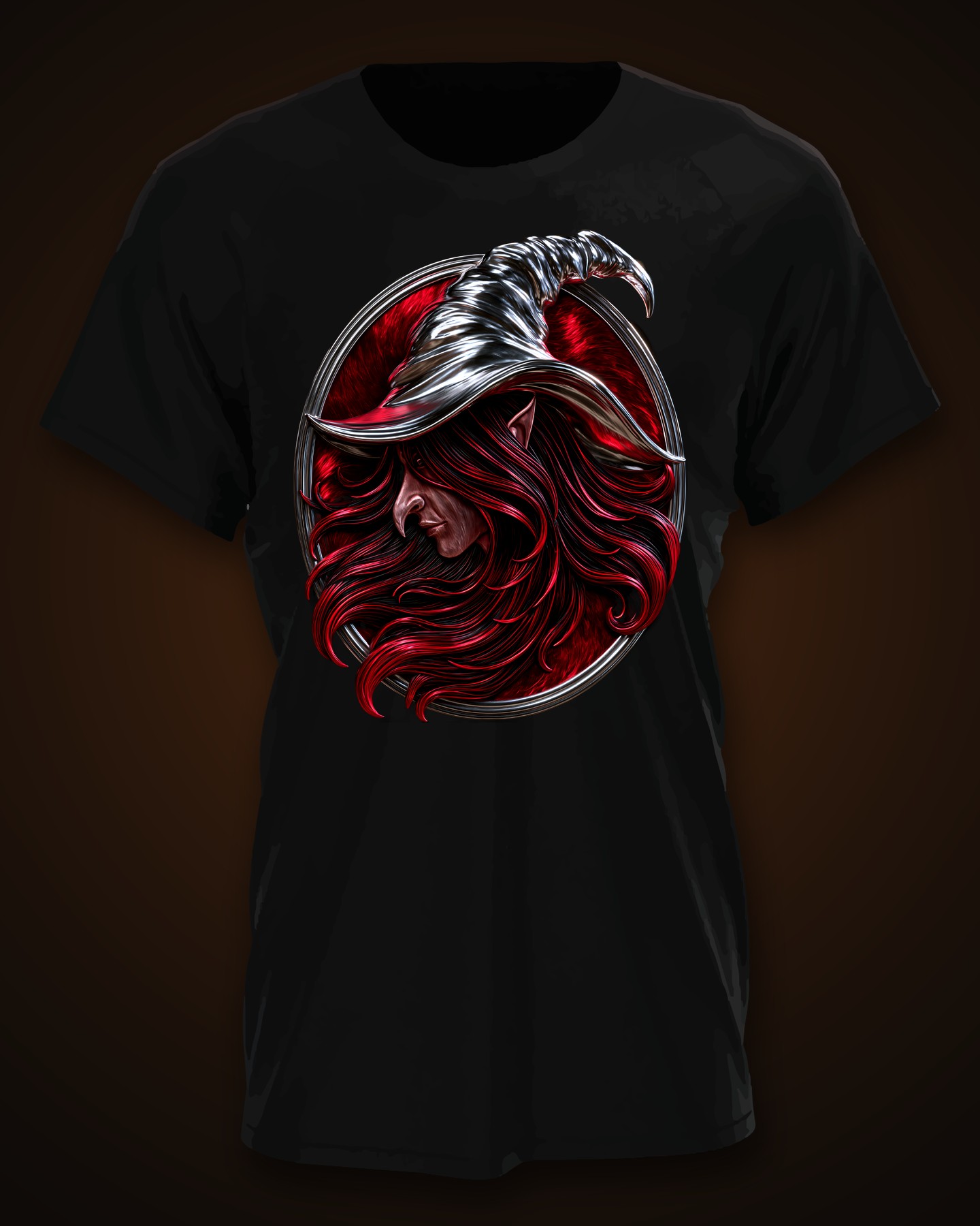 A black T-shirt printed with a metal red witch emblem: a silver witch hat and flowing crimson hair in a round frame