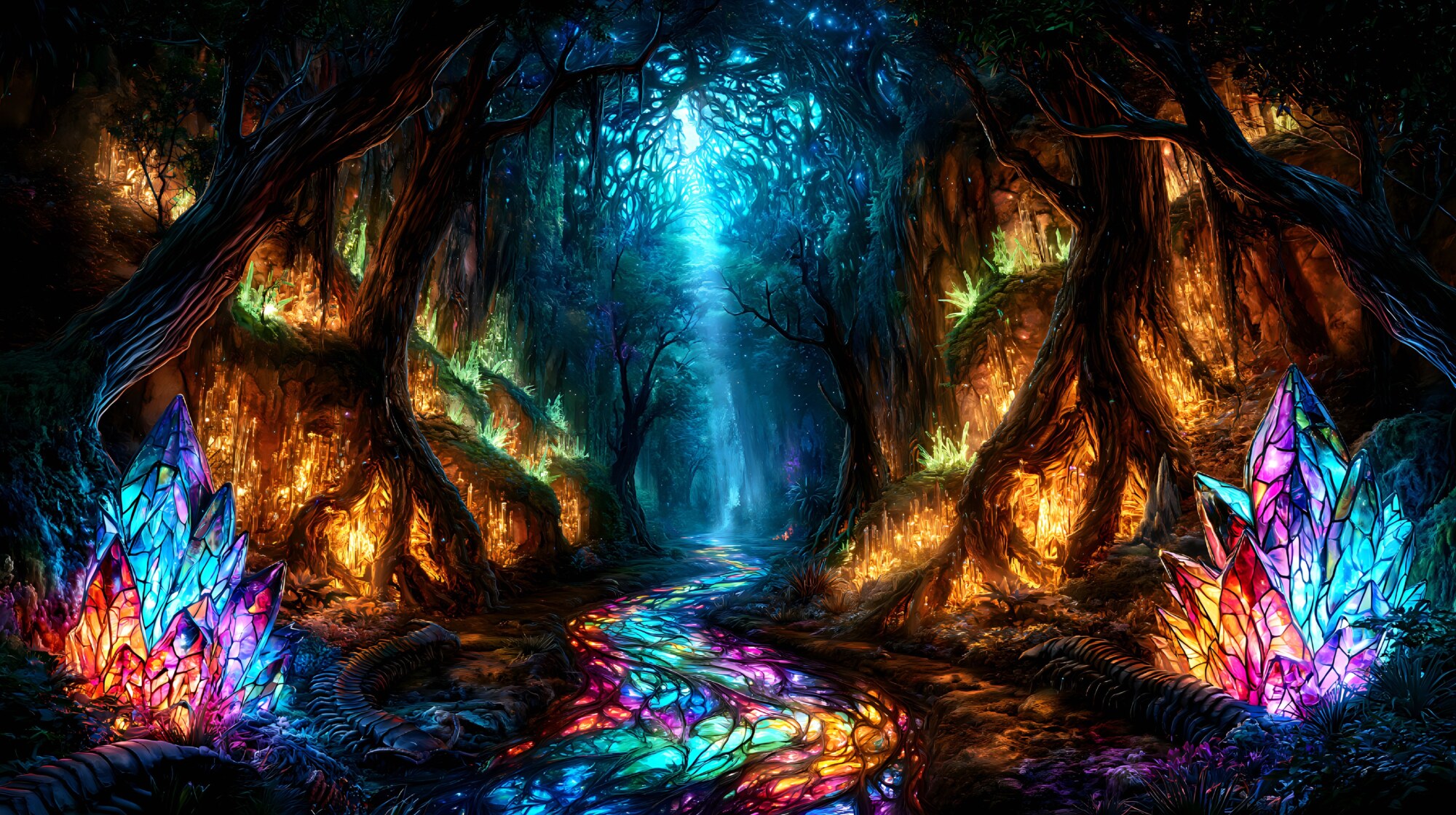 Winding through dark woods, a stained-glass stream flows past bright crystal clusters