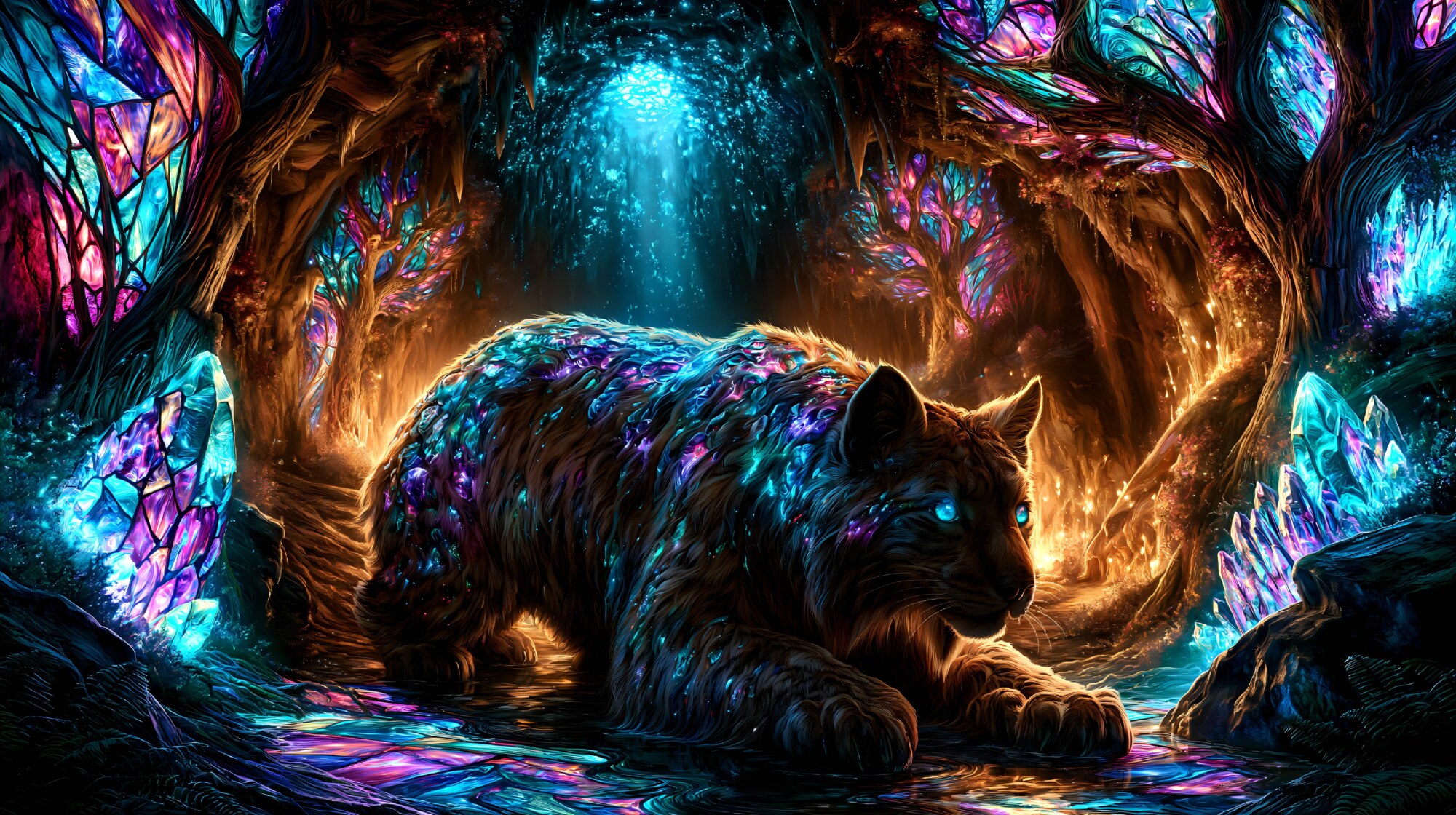 A wild cat walks through a dark forest of colorful crystals