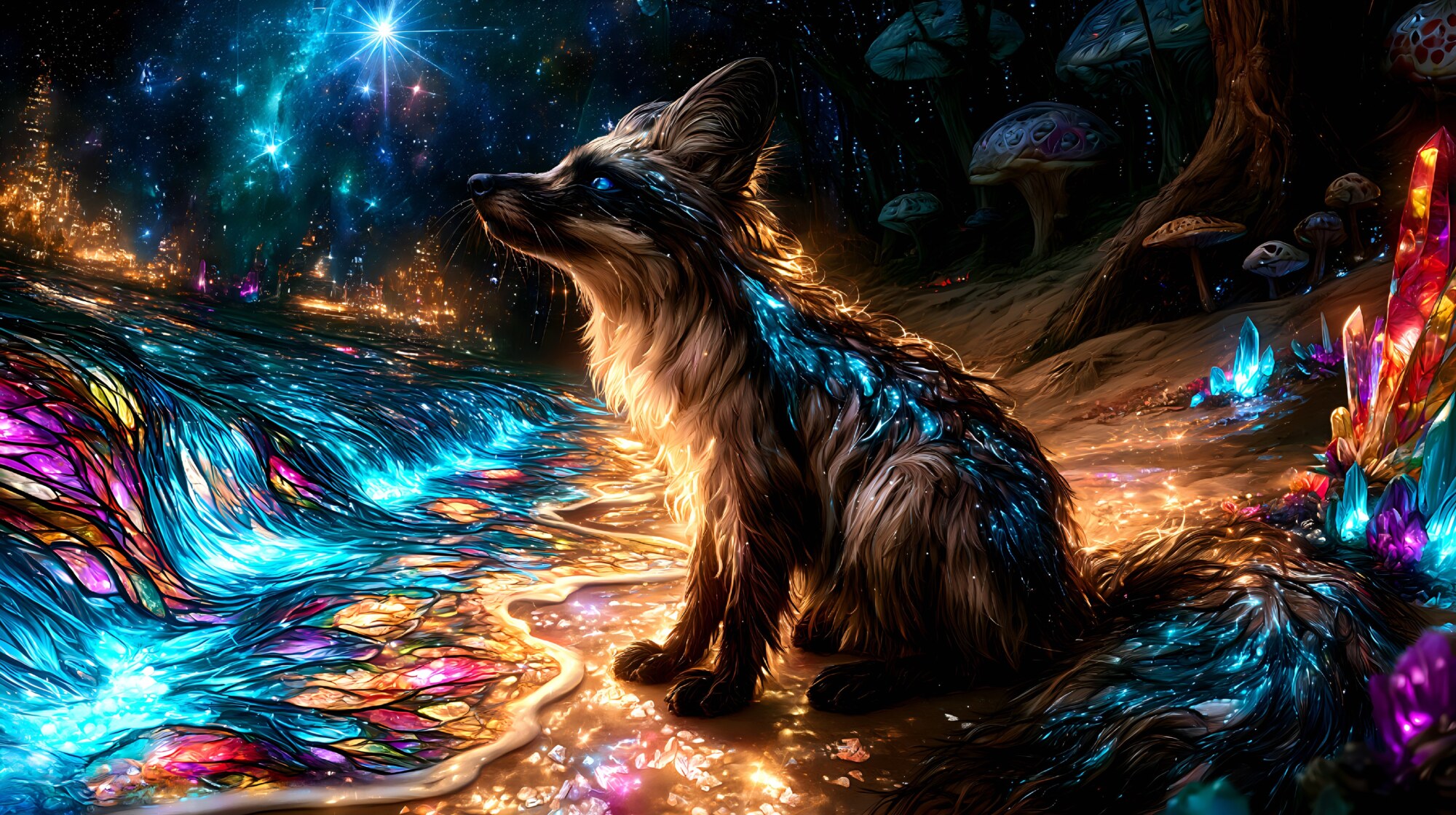 A fox sits on a colorful crystal shore beneath bright blue starlight