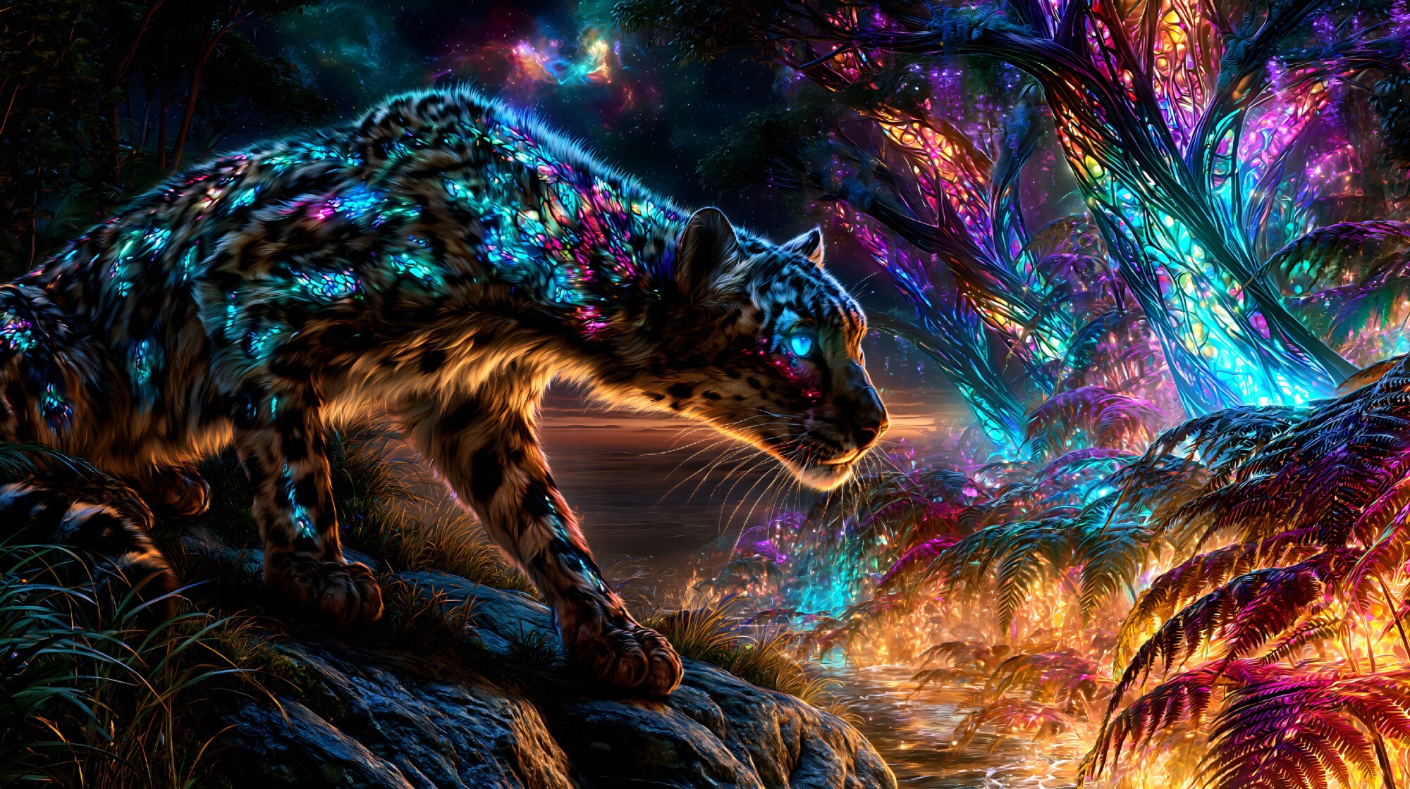 Bright spots cover the leopard creeping across dark rocks in a neon forest