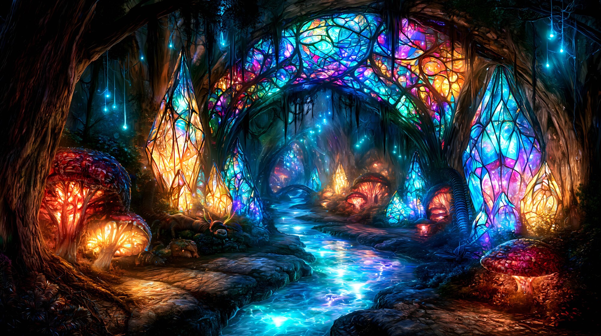 Looking straight into a deep cave filled with tinted glass arches and mushrooms