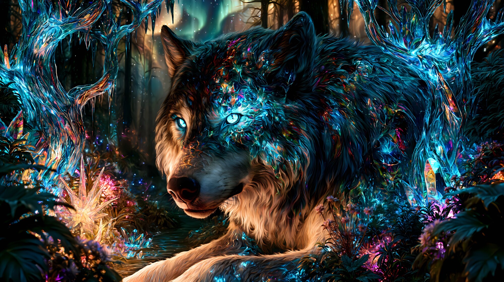 Bright blue crystals cover the fur of a resting wolf in a dark forest at night