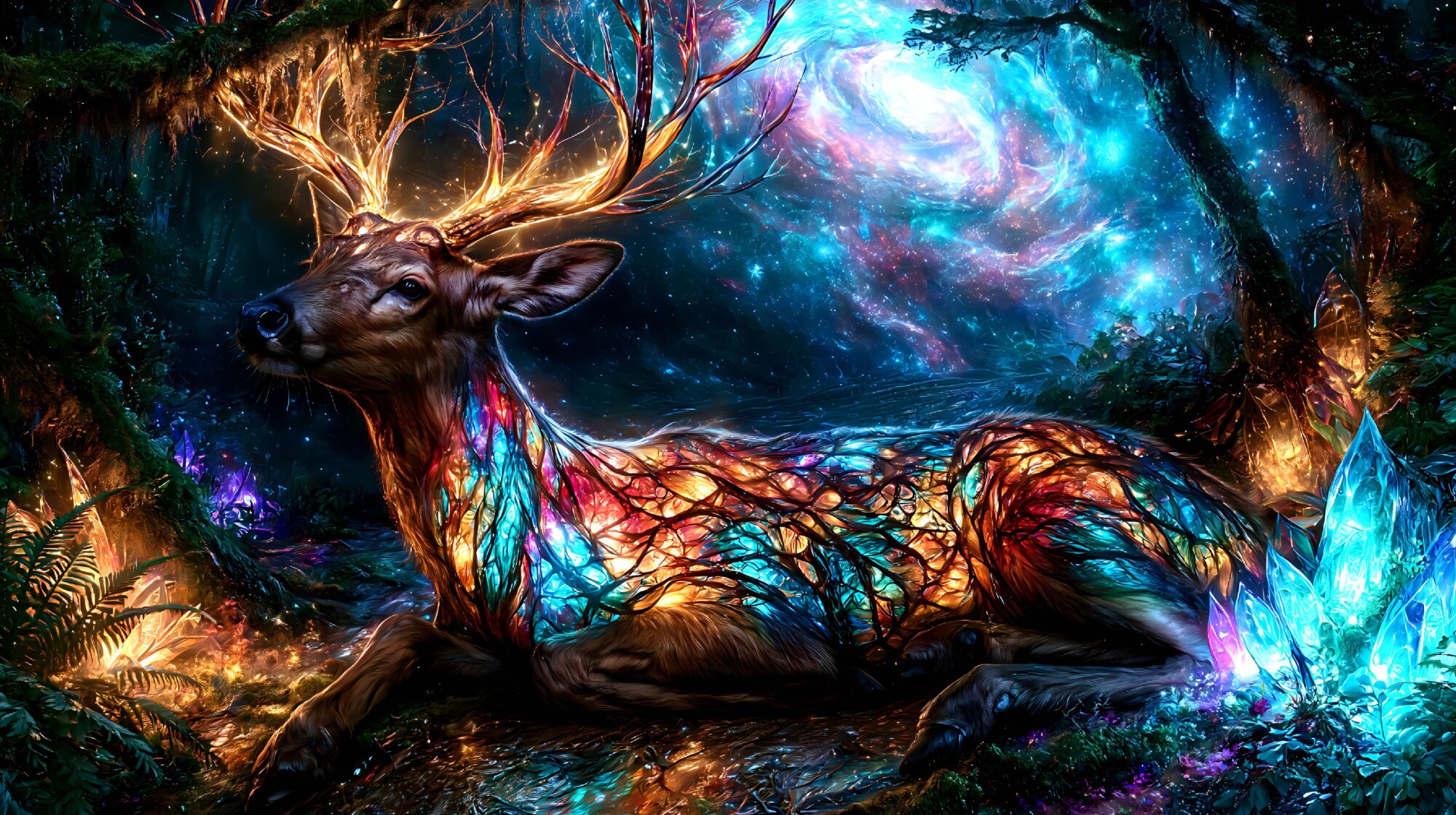 Bright golden antlers branch from a deer resting in a dark forest beneath a spiral nebula