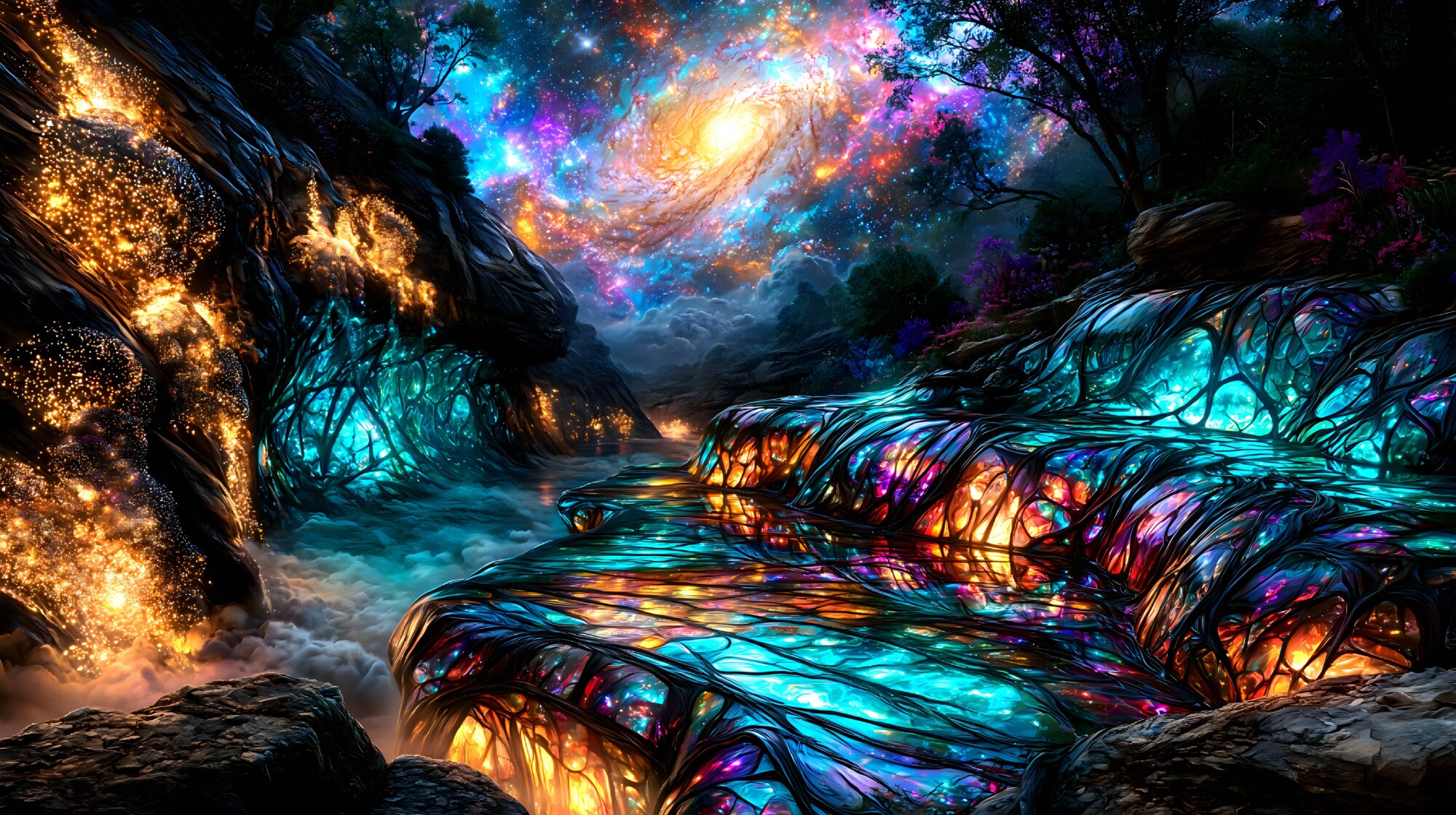 Flowing under a swirling galaxy, glass rocks shine with blue and orange light