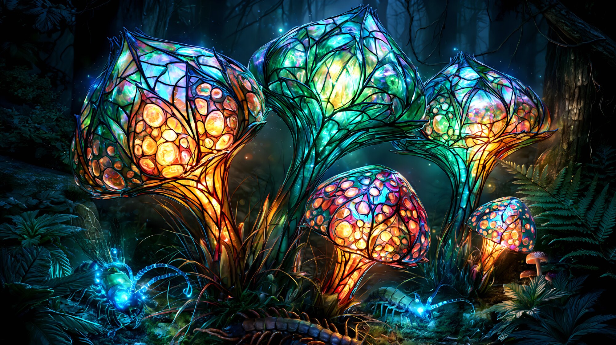 Stained colored glass mushrooms shine with blue and yellow light in a dark forest