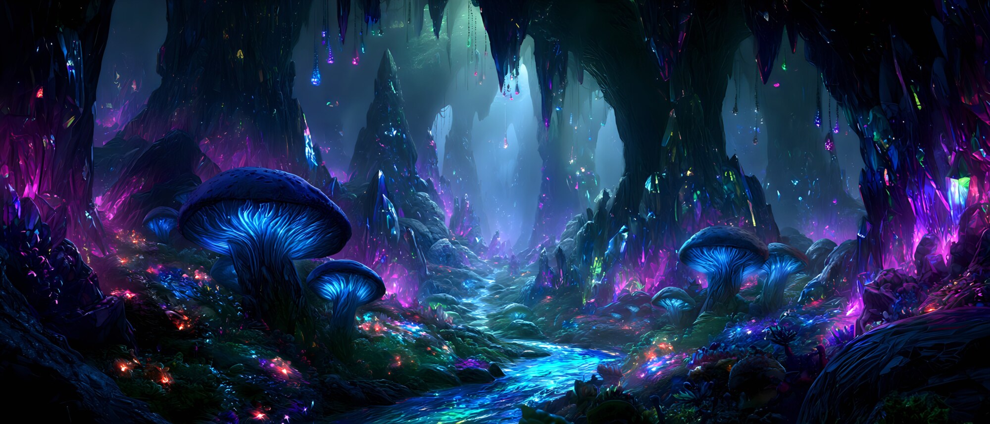 Winding through a dark cavern, a blue stream flows past bright purple mushrooms