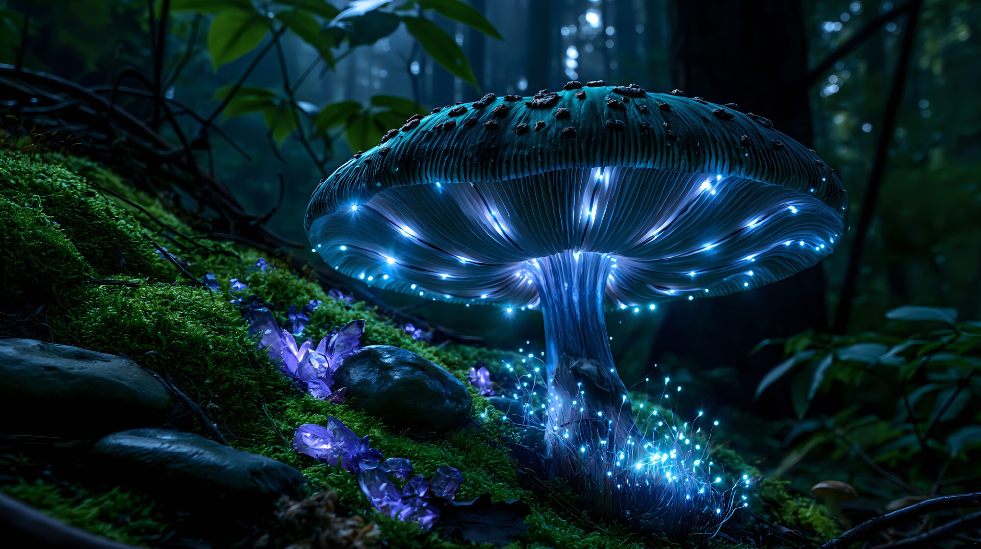 Bright blue gills line a wide mushroom cap resting on a dark mossy hill at night