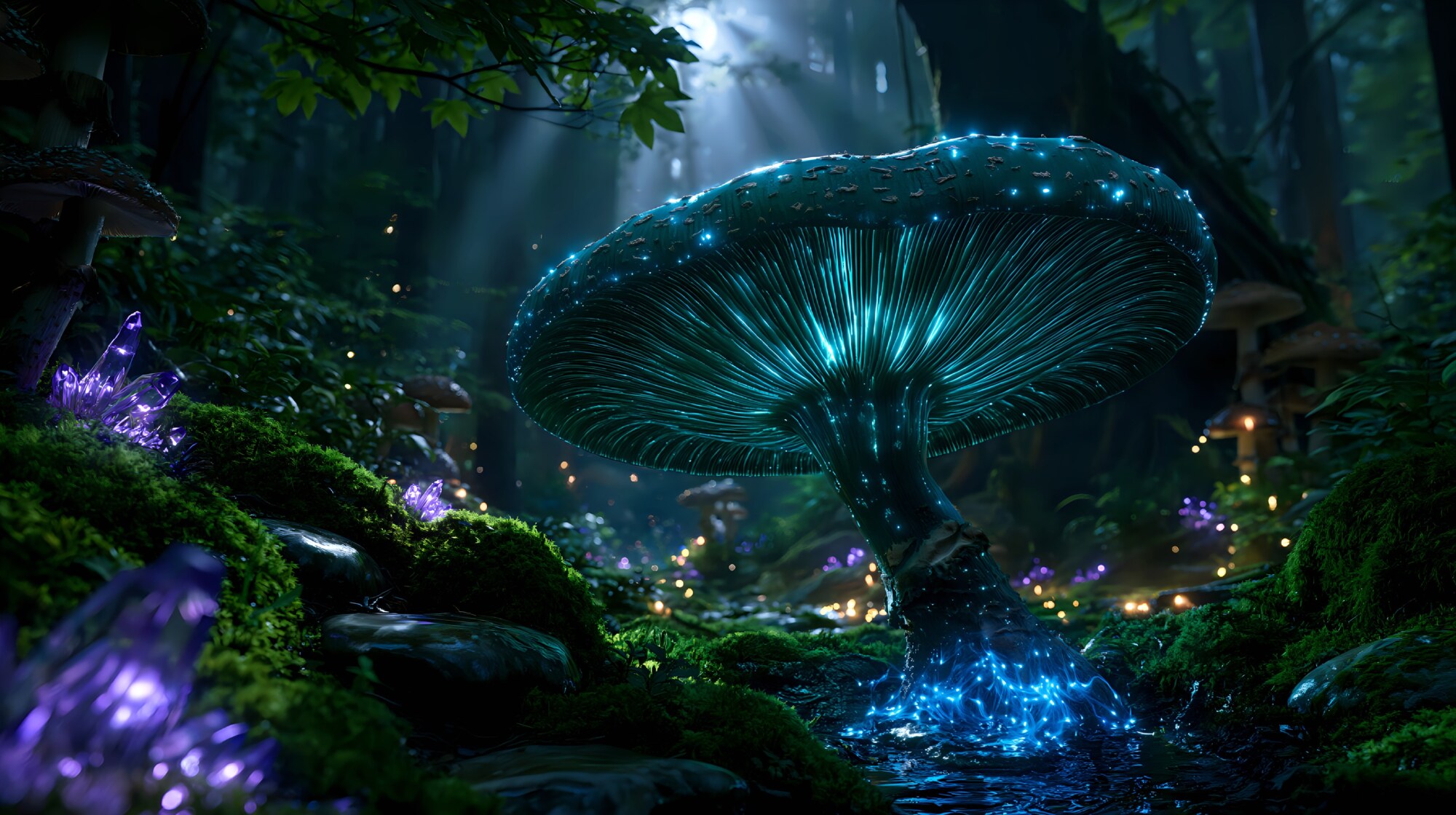 A wide blue mushroom shines on the dark mossy forest floor next to purple crystals