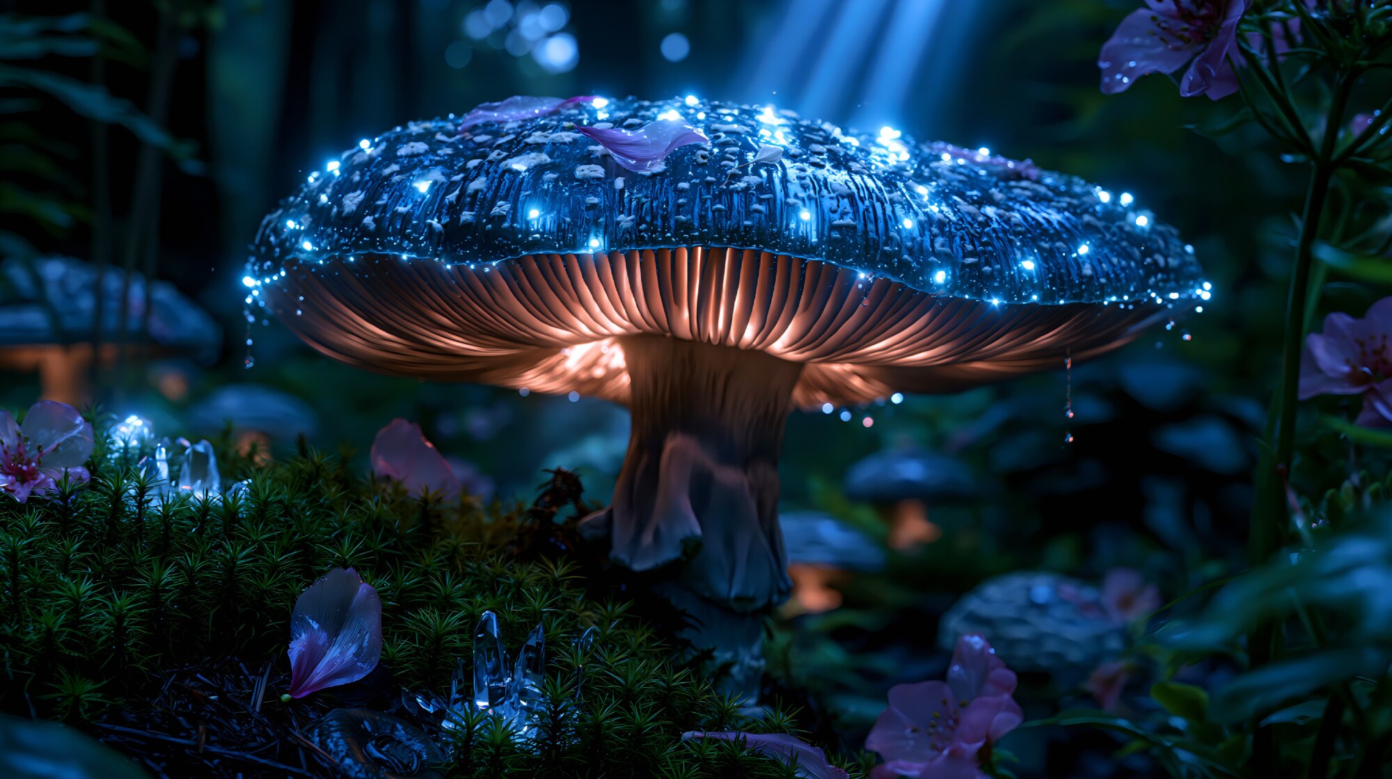 A large mushroom with tiny blue lights on its cap in a deep forest