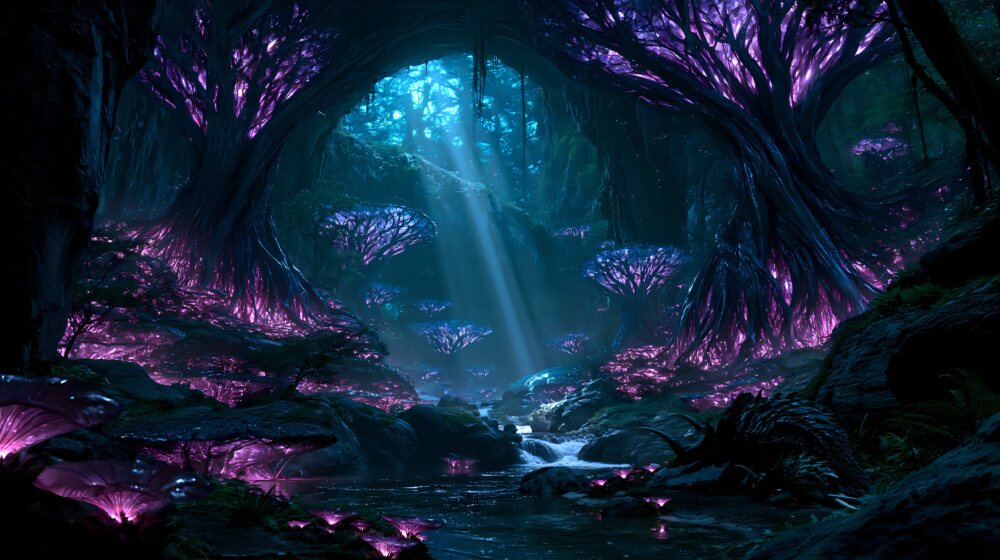 Arching overhead, purple trees frame a forest stream in blue moonlight