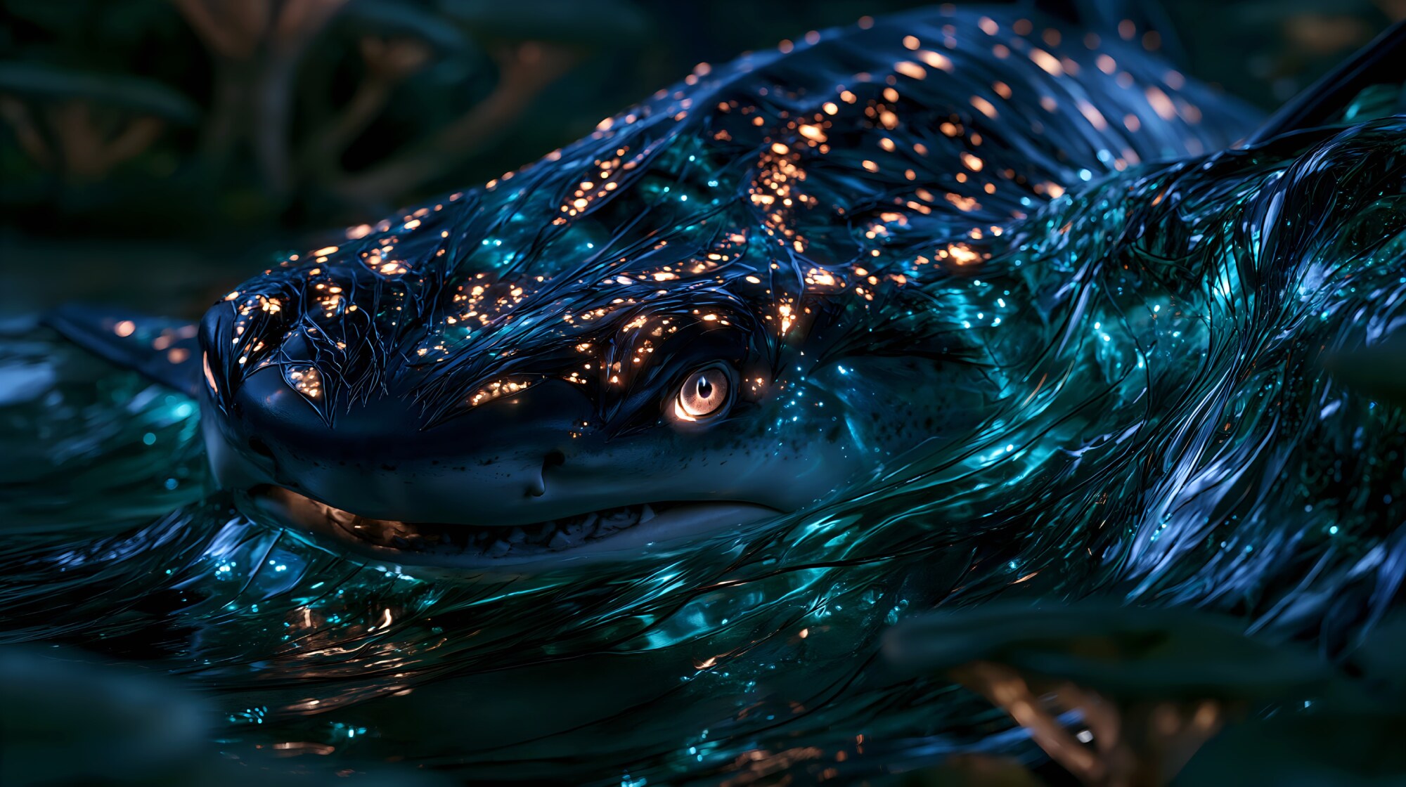 Facing forward in dark water, a shark rests with bright orange spots