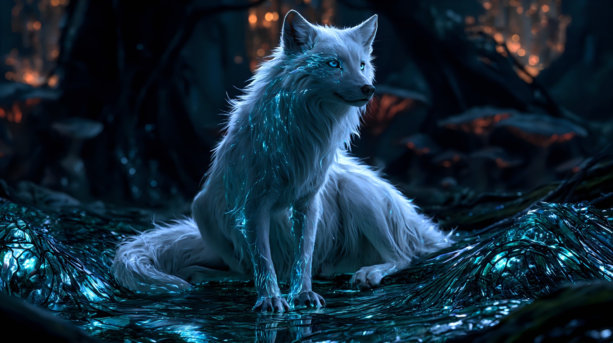 A white wolf sits on dark ground under soft blue light in the woods