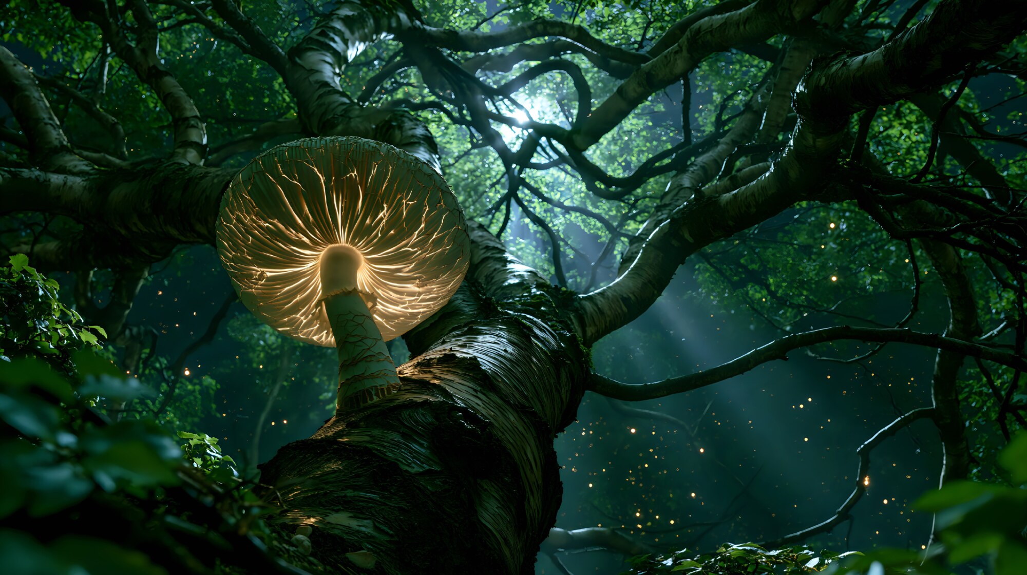 Tilted upward on a tree trunk in a dark forest, a bright mushroom cap