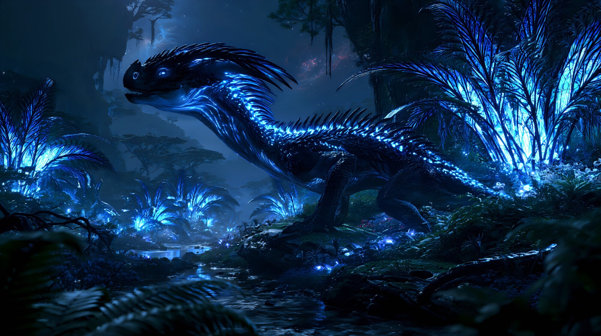 A blue lizard walking through dark ferns at night