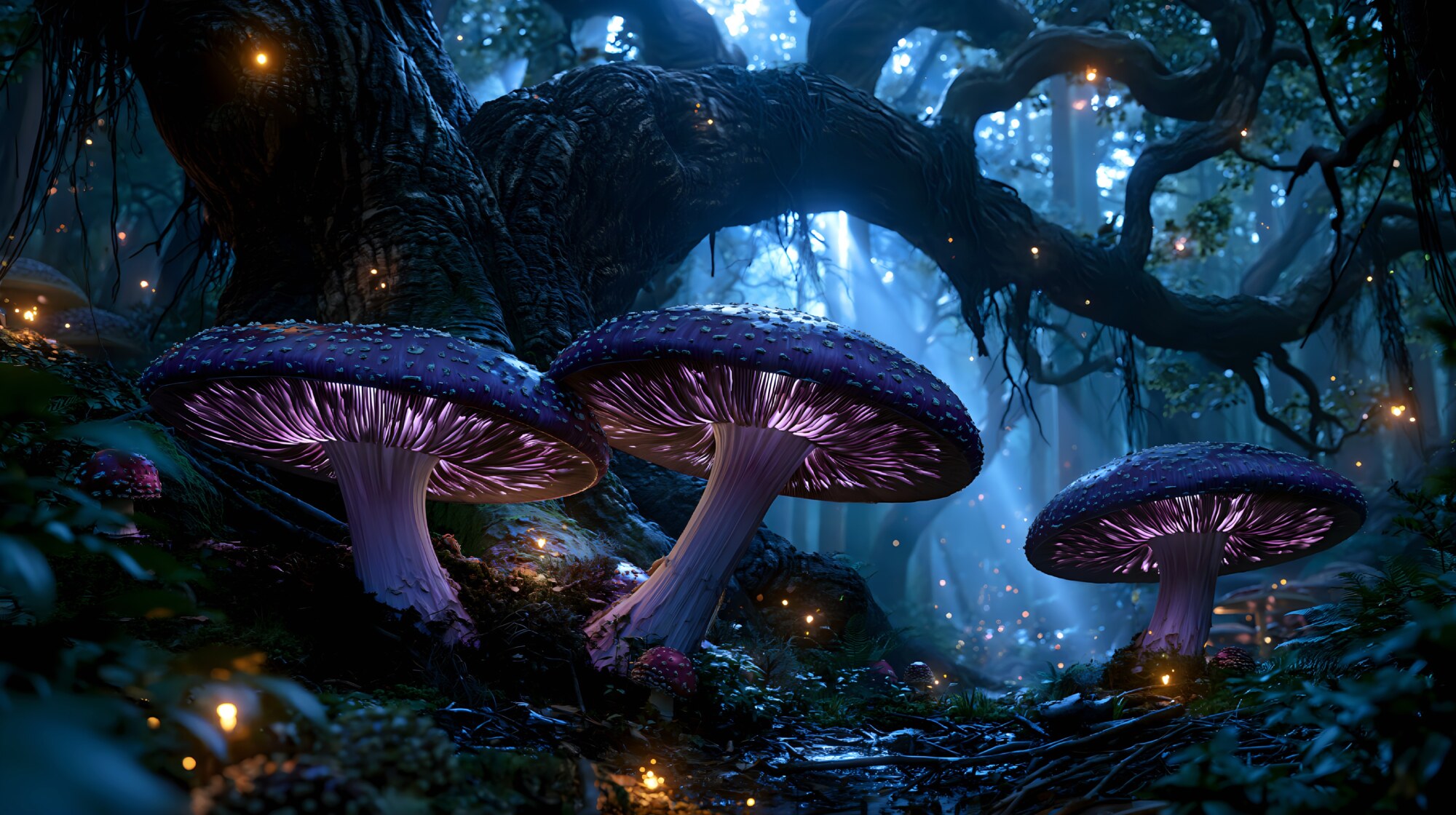 Sprouting under twisted roots, purple mushrooms light up a dark blue forest