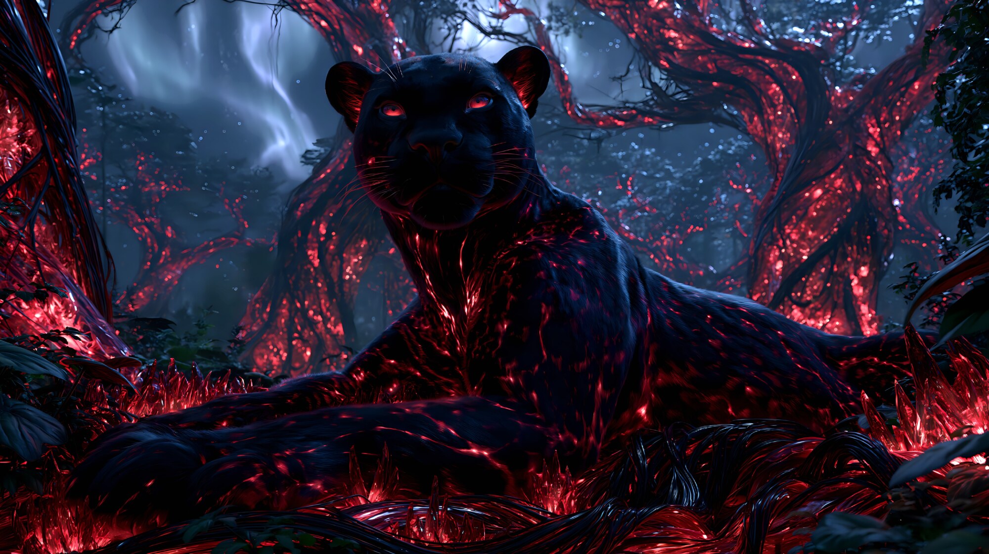 Lying down, a black panther with red veins rests in a shadowy forest
