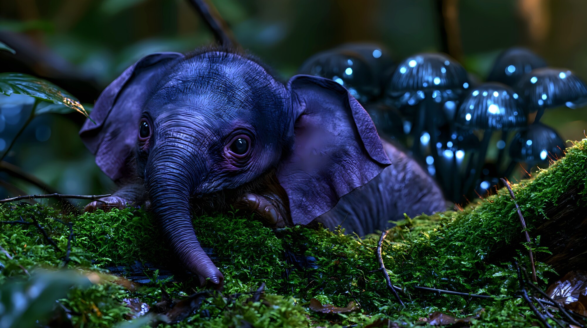 On a mossy log, a tiny purple elephant rests by dark shiny mushrooms