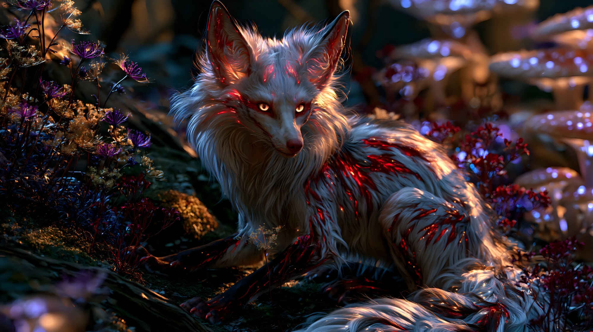A white fox rests on the moss with red crystal spines shining in soft light