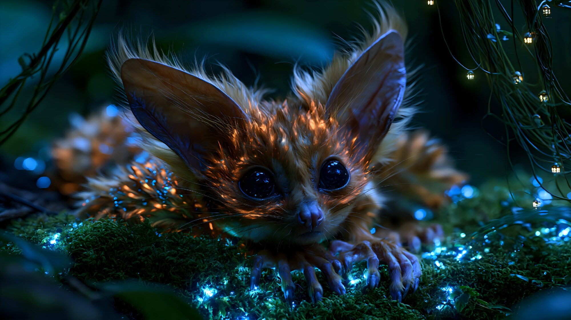 Spiky golden fur covers a small creature resting on moss dotted with tiny blue lights