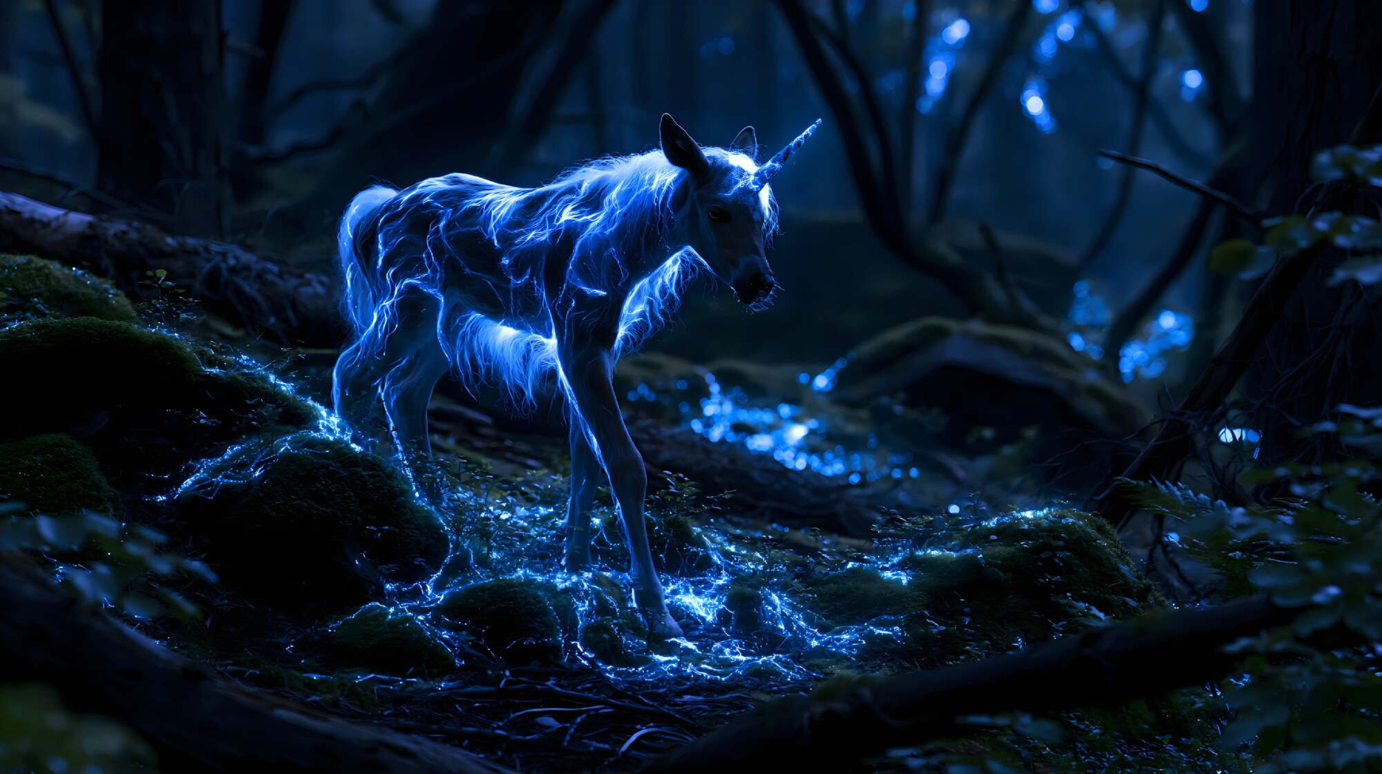 A bright blue unicorn walks through a dark mossy forest at night