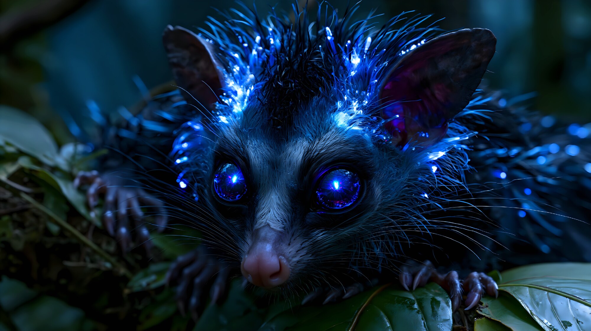 Shining blue quills tip a tiny dark possum crouched low on green leaves in the dark forest