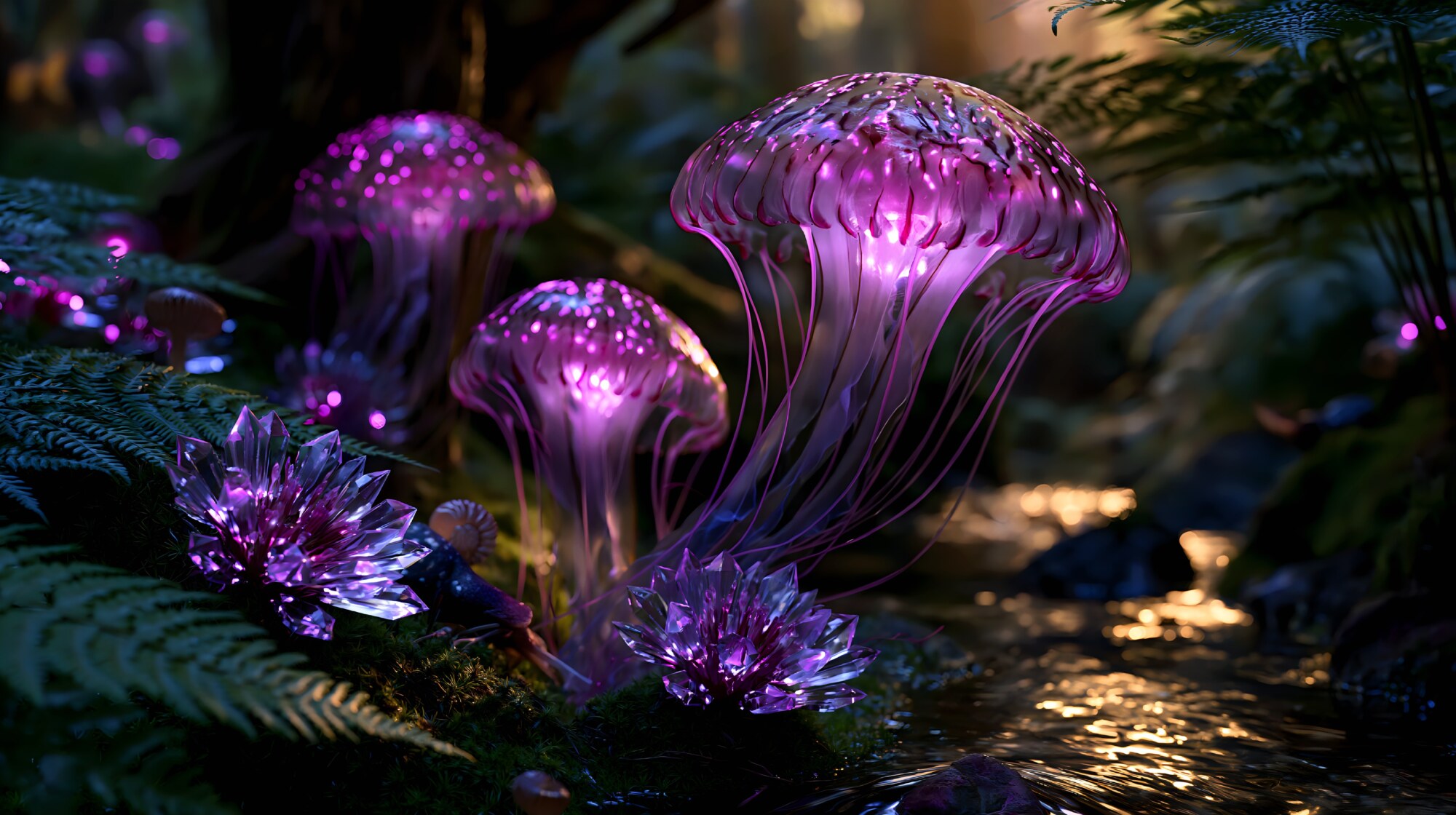 Translucent purple tendrils hang from jellyfish mushrooms beside a dark forest stream