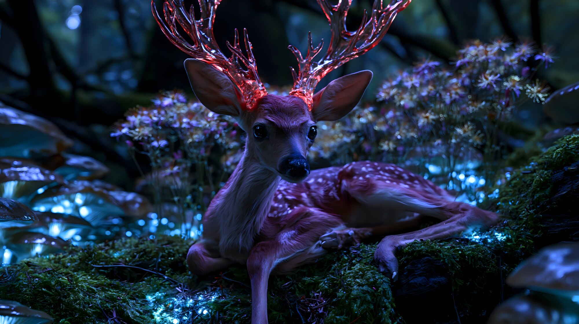 Lying down on mossy ground, a small deer rests with bright red antlers