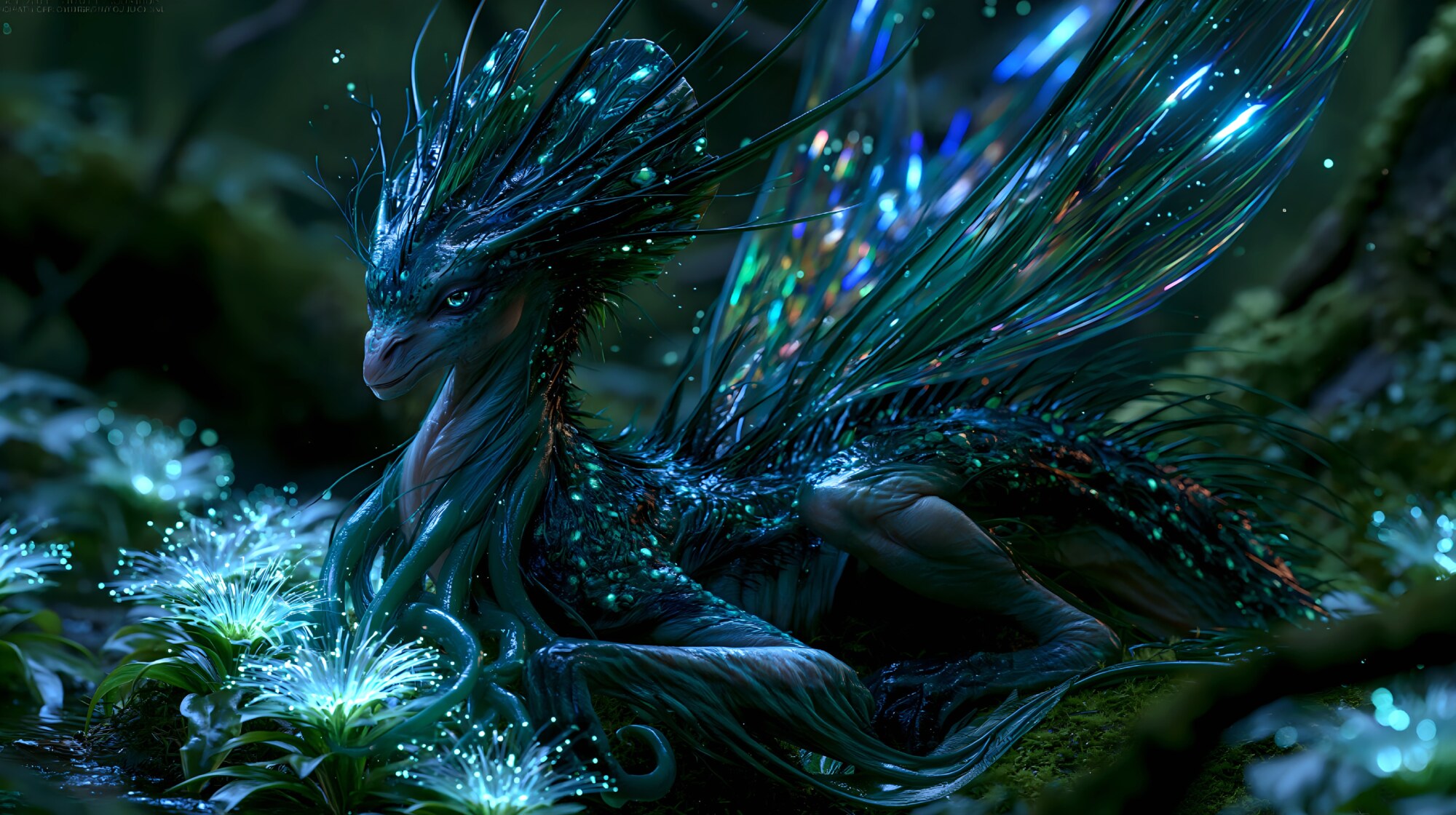 Rising from dark water, a scaled alien reptile shines with bright blue patterns