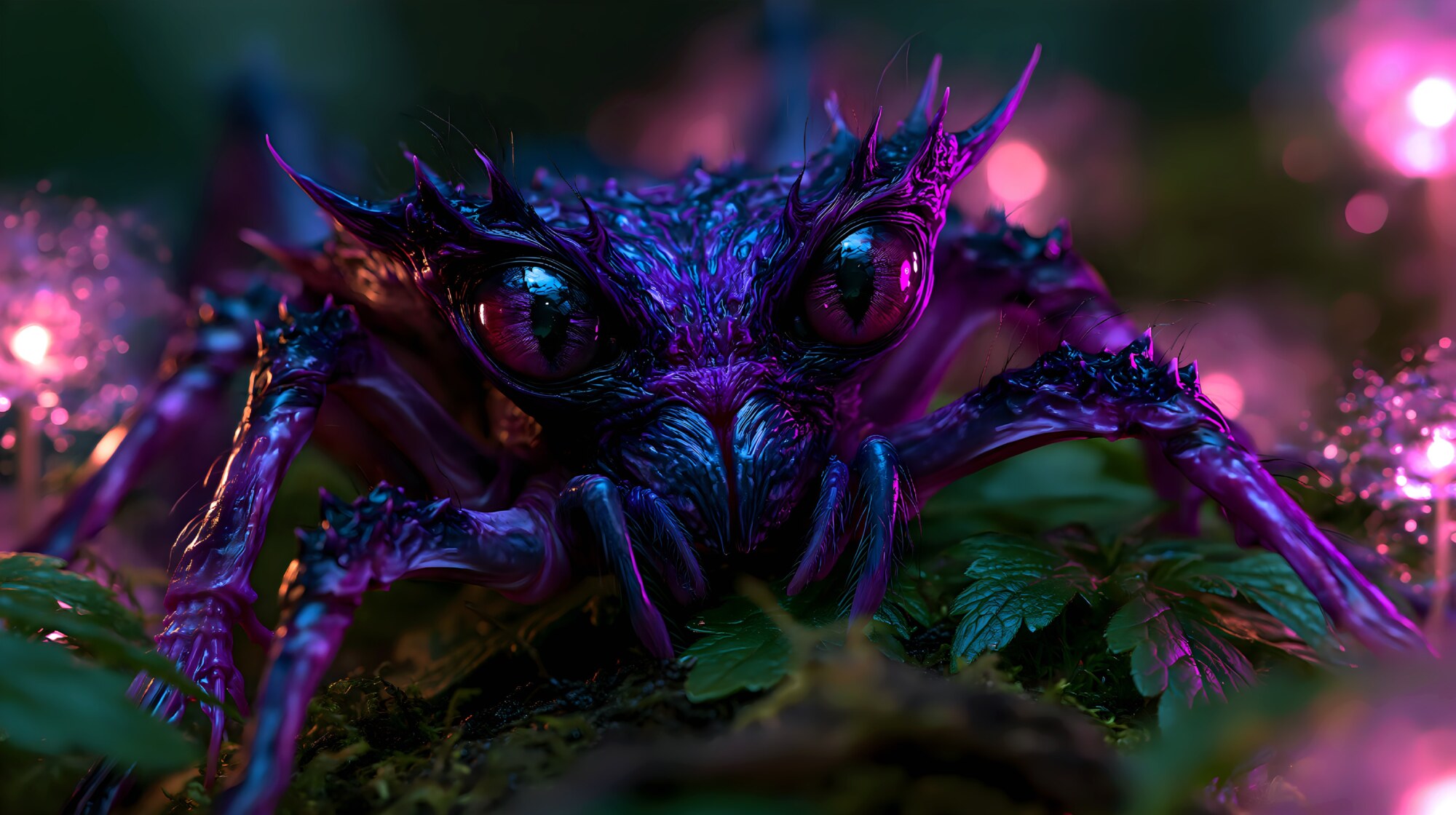 Resting on the forest floor, a blue scaly reptile lies beside bright pink flowers