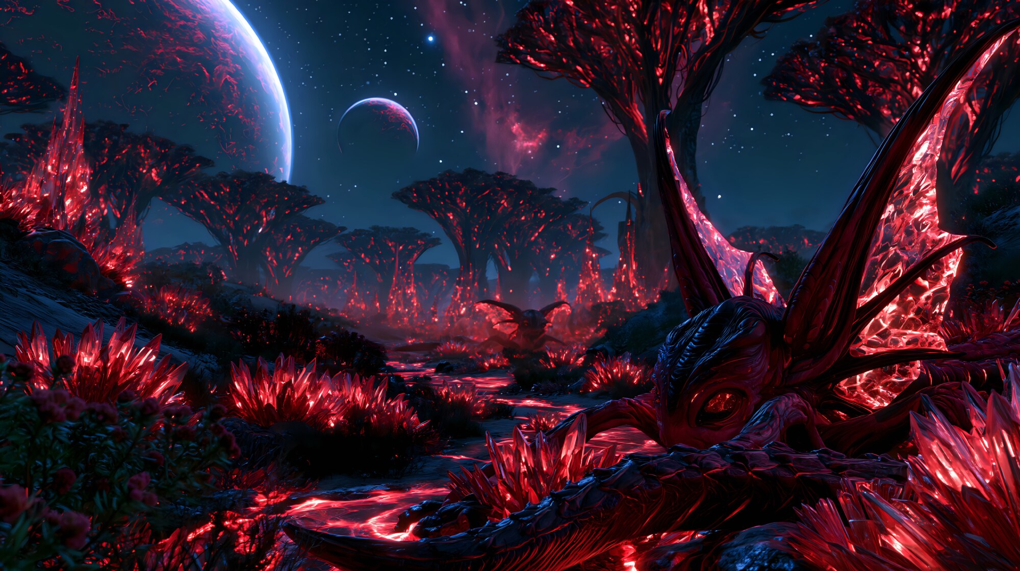 A spiky spider creature crouches on dark moss, shining with deep purple light