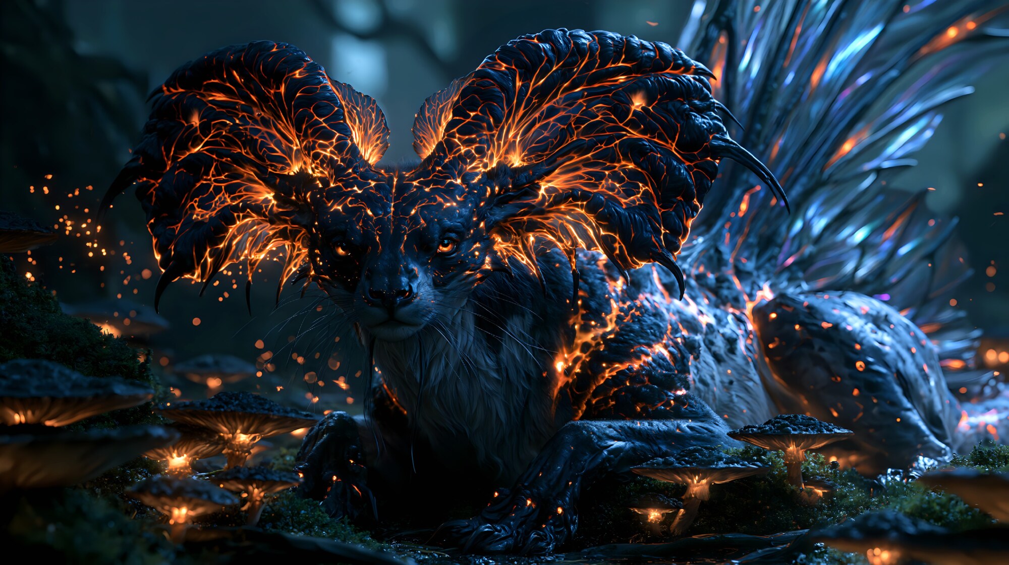 Resting on the dark ground, a fox with large ears shines with bright purple patterns