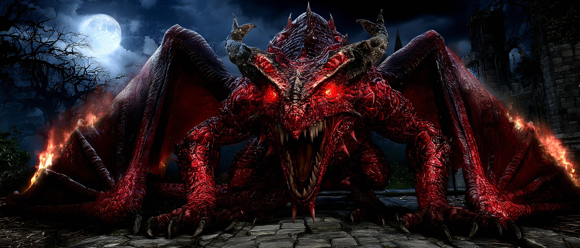 A red dragon with burning wings crouches on a stone path under a full moon