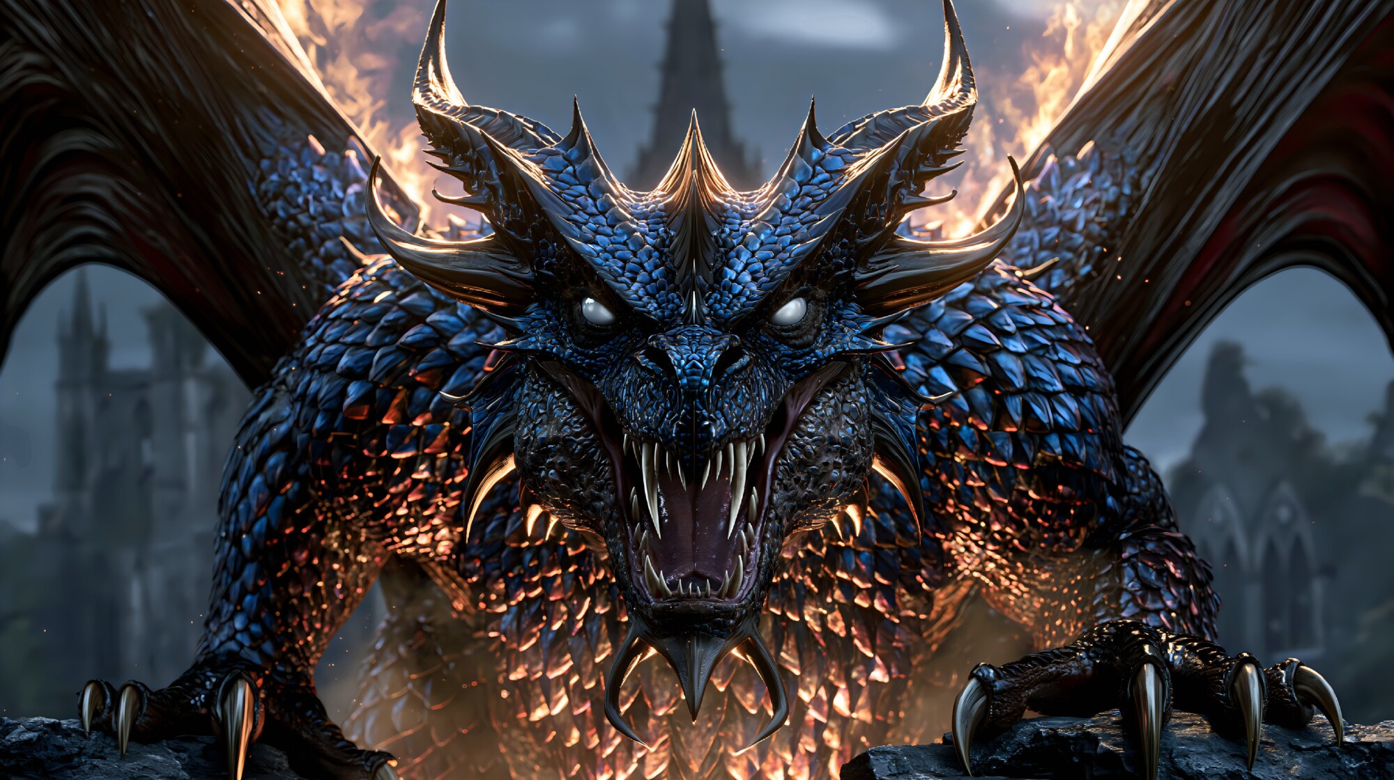 Sharp blue scales cover a roaring dragon perched on dark rocks before a castle tower