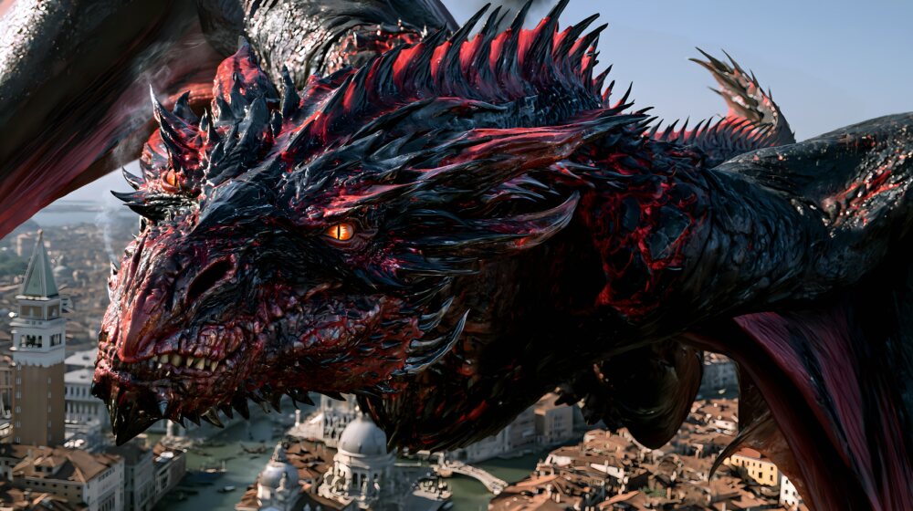 Above a canal city, a black and red horned dragon moves through the air on open wings through daylight
