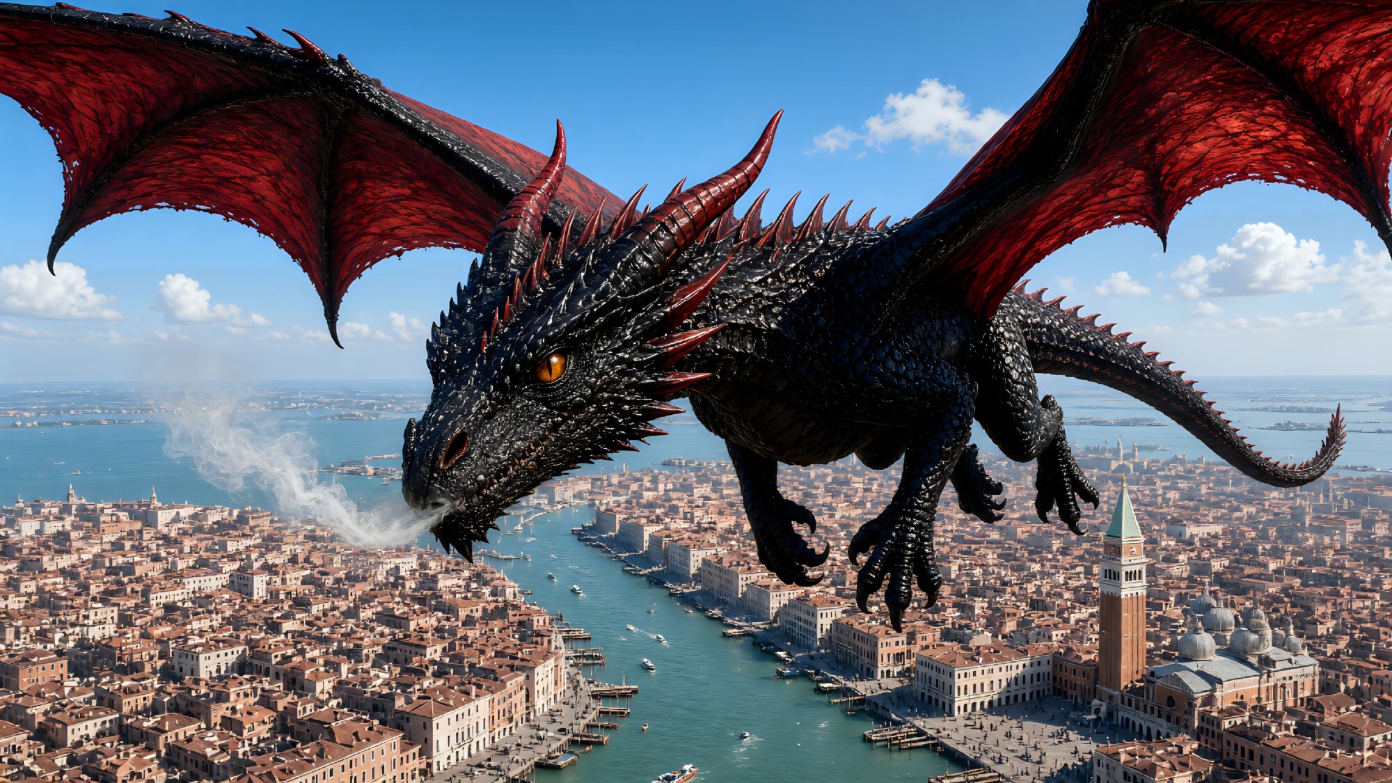 Wide red wings carry a horned black dragon over the canals of Venice under a sunny sky