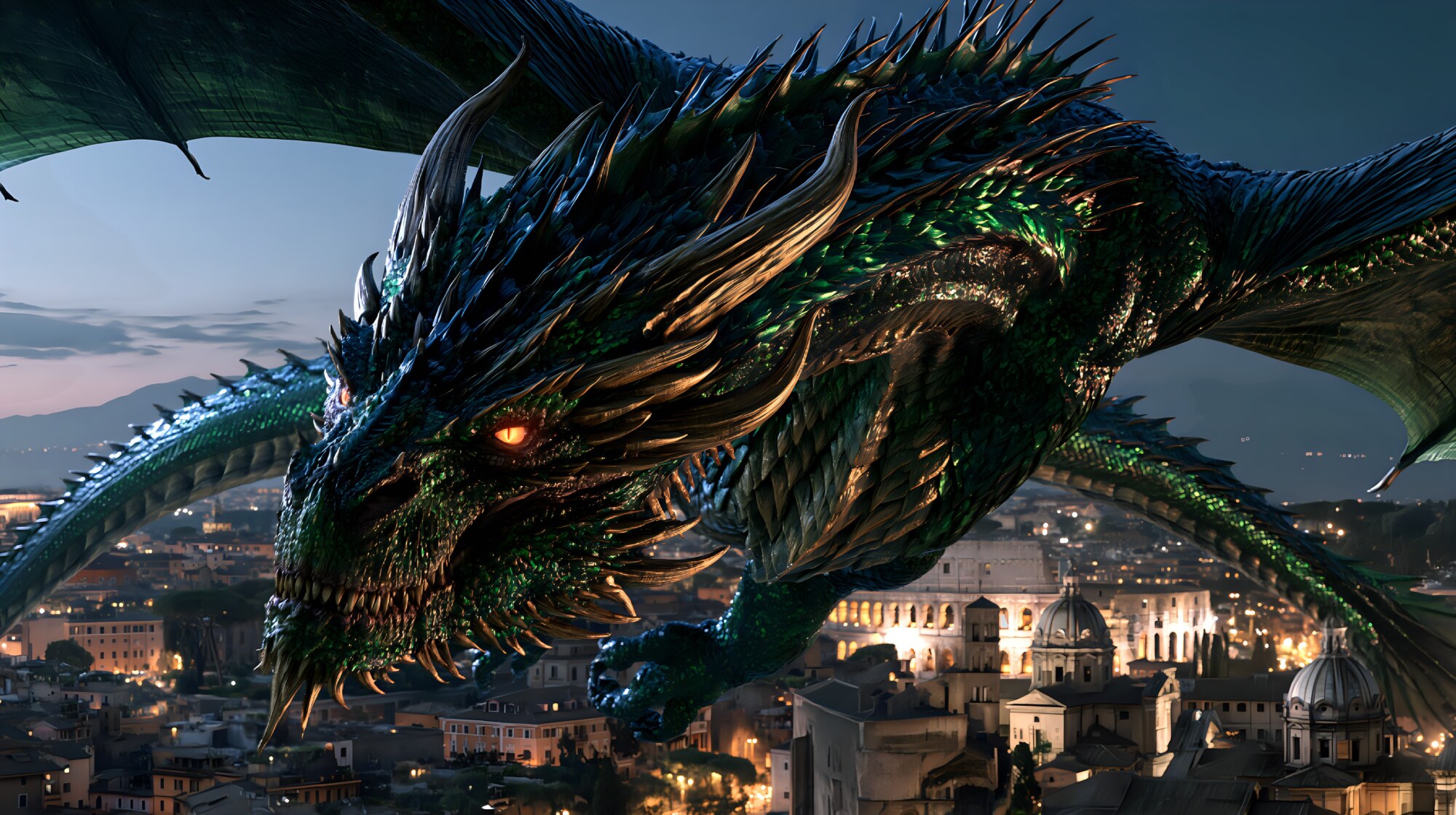 Spiky dark horns crown a green dragon gliding over an old city at dusk