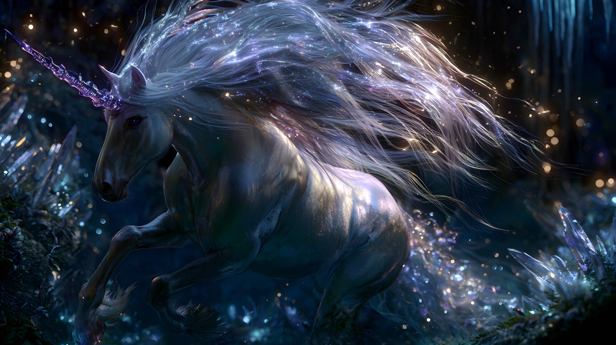In a dark crystal cave, a snow-white unicorn rears up with a long, sparkling silver mane