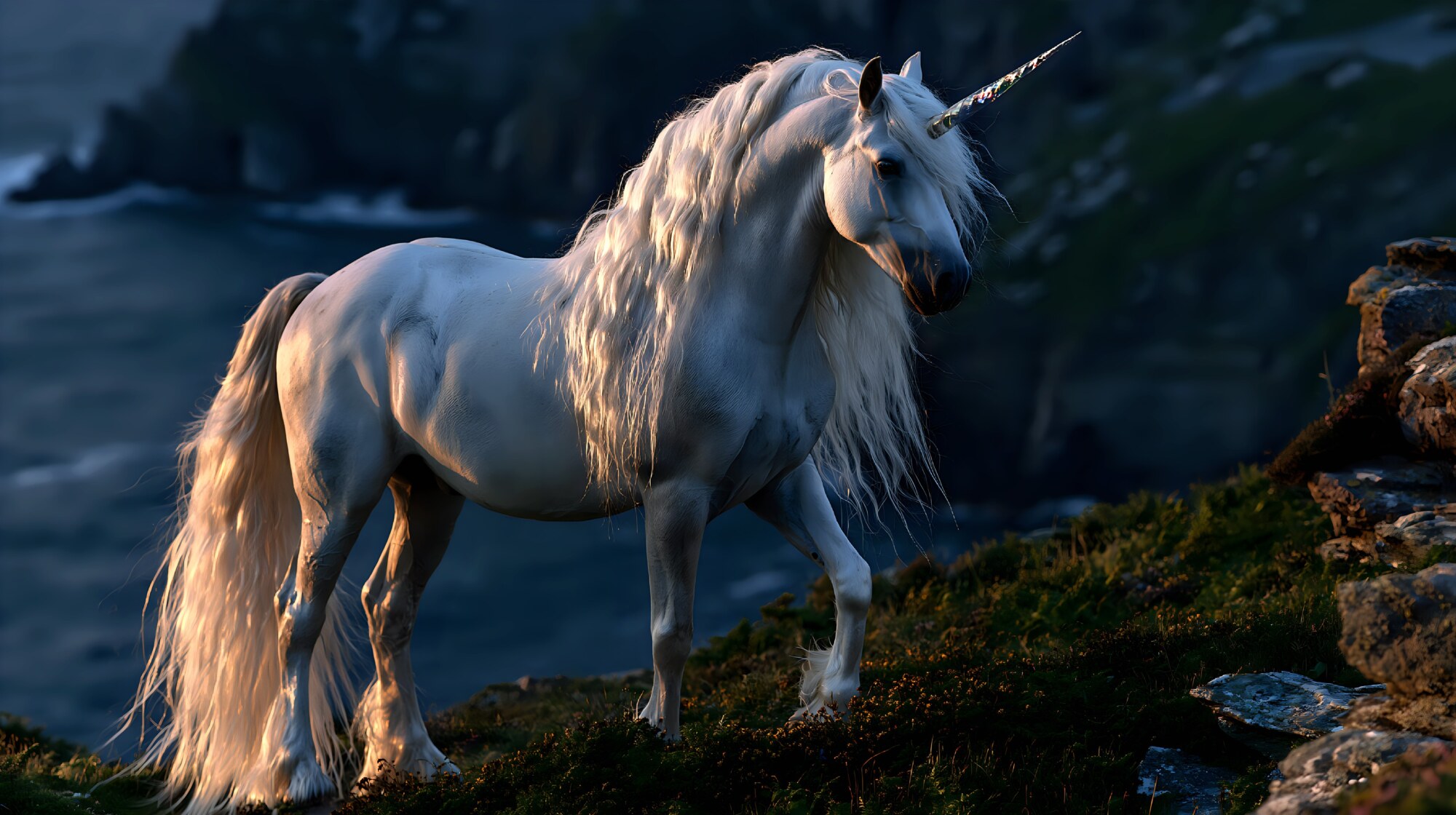 A snow-white unicorn walks along a grassy cliff above the dark sea in late afternoon light