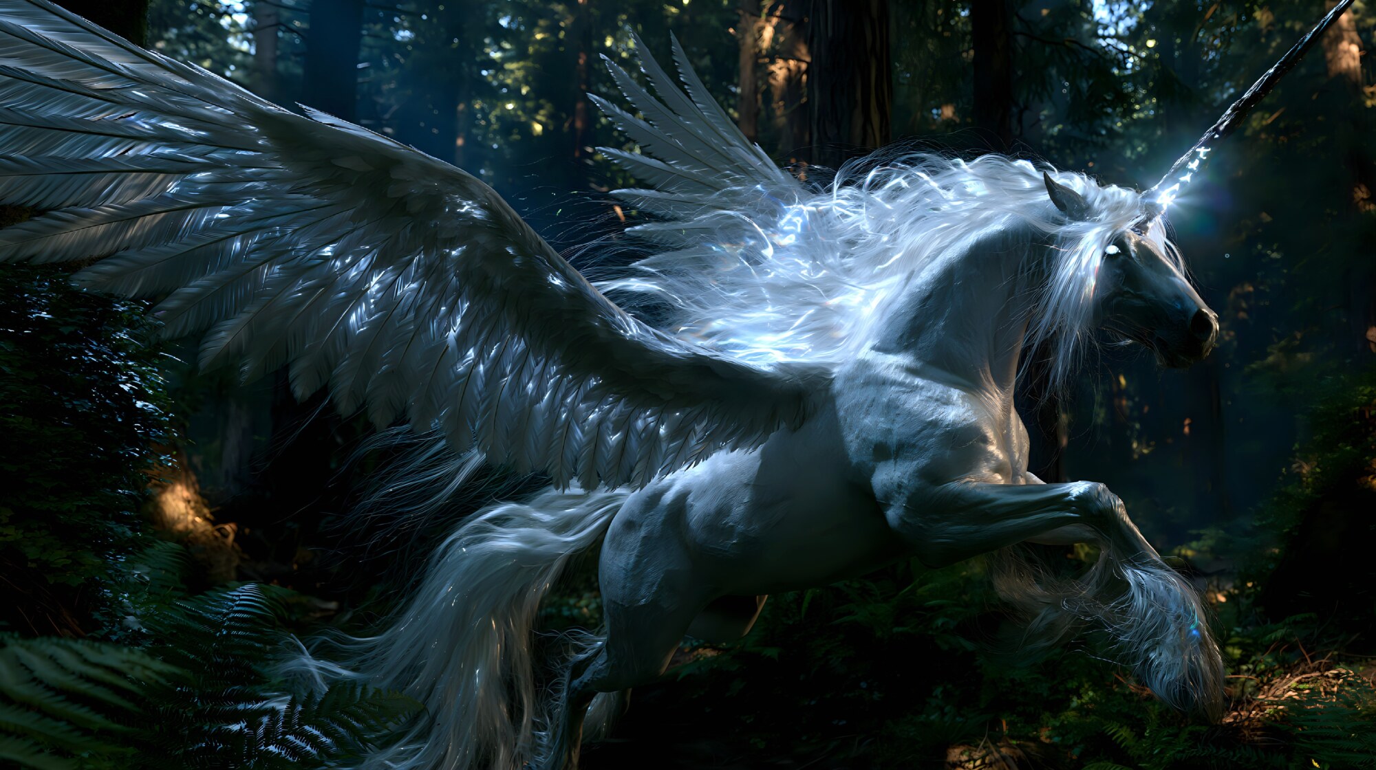 A winged pure white unicorn flying through a dark forest