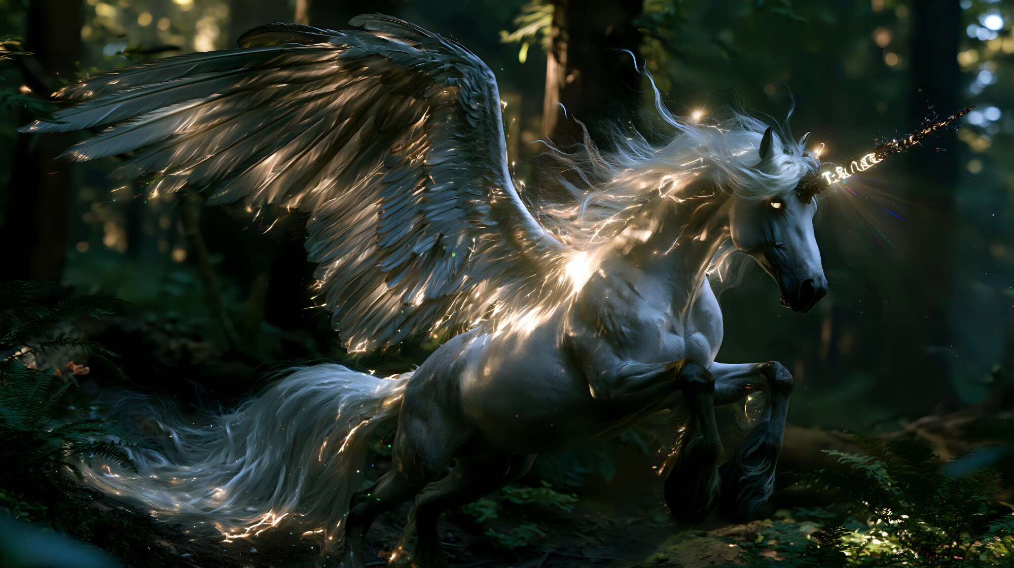 A winged white unicorn rears up in a dark forest with bright sunlight shining on its mane